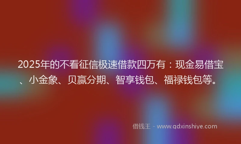 2025年的不看征信极速借款四万有:现金易借宝、小金象、贝赢分期、智享钱包、福禄钱包等。