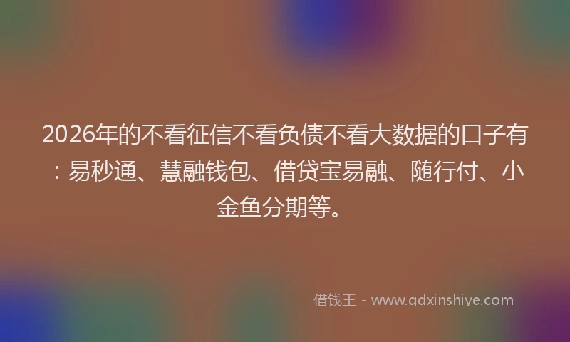 2026年的不看征信不看负债不看大数据的口子有:易秒通、慧融钱包、借贷宝易融、随行付、小金鱼分期等。