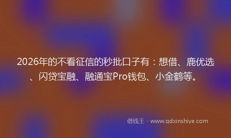 2026年的不看征信的秒批口子有：想借、鹿优选、闪贷宝融、融通宝Pro钱包、小金鹤等。