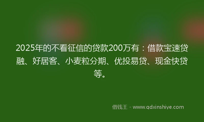 2025年的不看征信的贷款200万有：借款宝速贷融、好居客、小麦粒分期、优投易贷、现金快贷等。