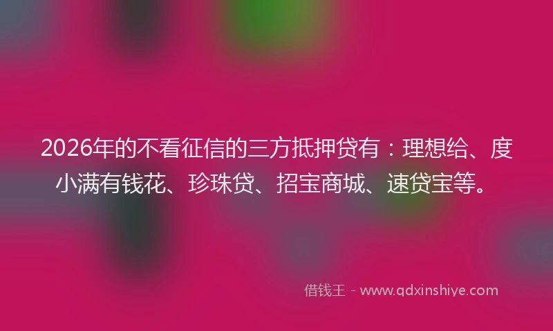 2026年的不看征信的三方抵押贷有：理想给、度小满有钱花、珍珠贷、招宝商城、速贷宝等。