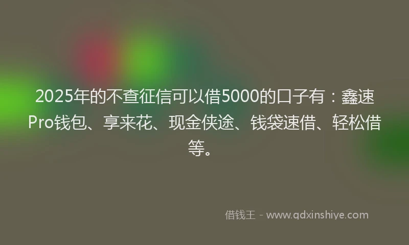 2025年的不查征信可以借5000的口子有：鑫速Pro钱包、享来花、现金侠途、钱袋速借、轻松借等。
