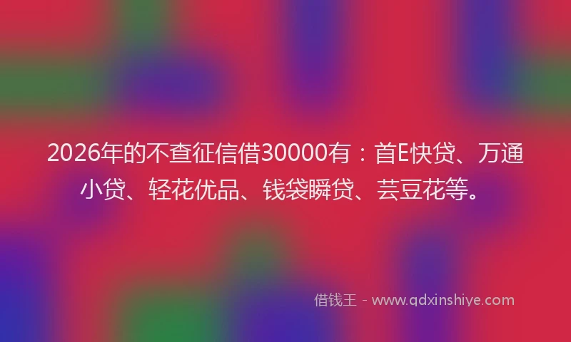 2026年的不查征信借30000有：首E快贷、万通小贷、轻花优品、钱袋瞬贷、芸豆花等。