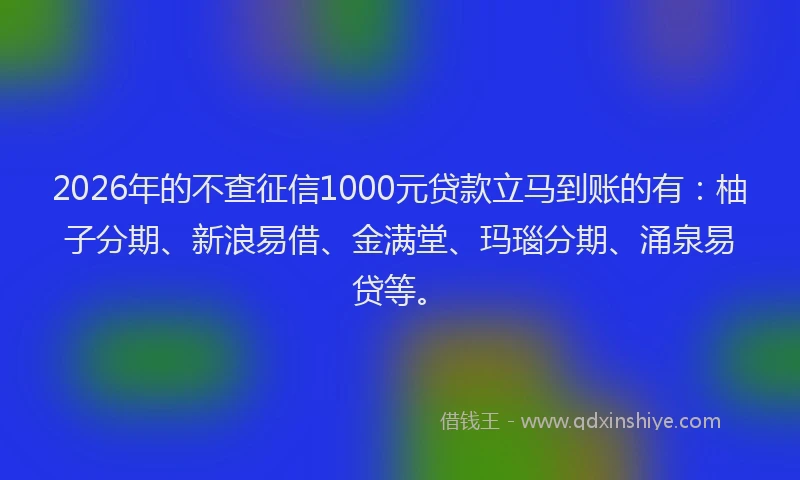 2026年的不查征信1000元贷款立马到账的有：柚子分期、新浪易借、金满堂、玛瑙分期、涌泉易贷等。