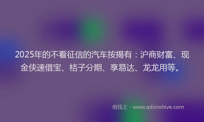 2025年的不看征信的汽车按揭有：沪商财富、现金侠速借宝、桔子分期、享易达、龙龙用等。