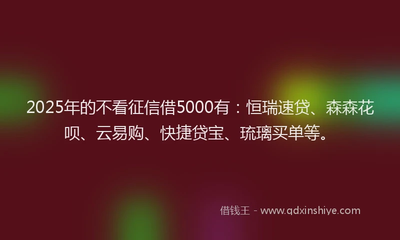 2025年的不看征信借5000有：恒瑞速贷、森森花呗、云易购、快捷贷宝、琉璃买单等。