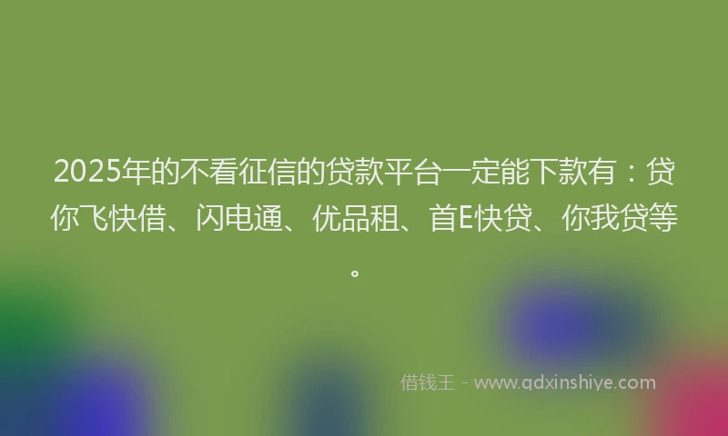 2025年的不看征信的贷款平台一定能下款有：贷你飞快借、闪电通、优品租、首E快贷、你我贷等。