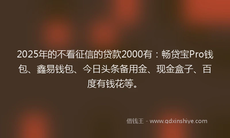 2025年的不看征信的贷款2000有：畅贷宝Pro钱包、鑫易钱包、今日头条备用金、现金盒子、百度有钱花等。