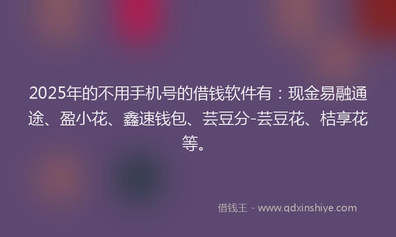 2025年的不用手机号的借钱软件有：现金易融通途、盈小花、鑫速钱包、芸豆分-芸豆花、桔享花等。