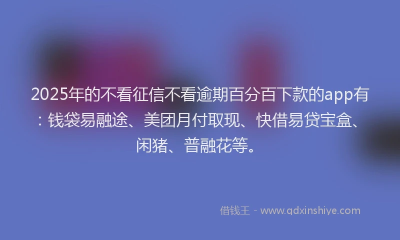 2025年的不看征信不看逾期百分百下款的app有：钱袋易融途、美团月付取现、快借易贷宝盒、闲猪、普融花等。