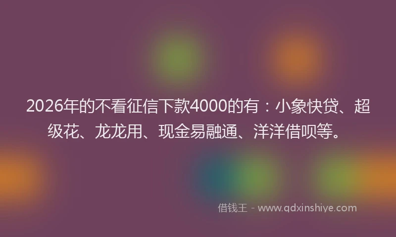 2026年的不看征信下款4000的有:小象快贷、超级花、龙龙用、现金易融通、洋洋借呗等。