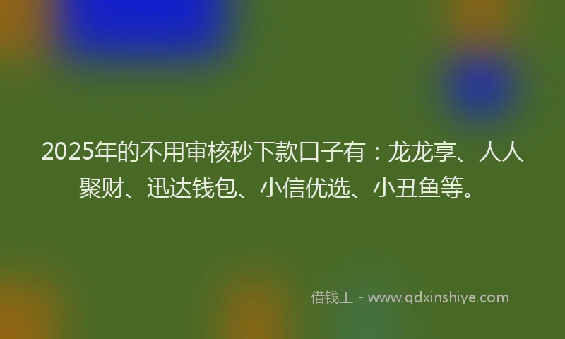 2025年的不用审核秒下款口子有:龙龙享、人人聚财、迅达钱包、小信优选、小丑鱼等。