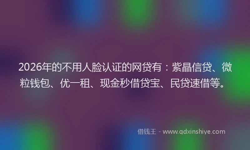 2026年的不用人脸认证的网贷有：紫晶信贷、微粒钱包、优一租、现金秒借贷宝、民贷速借等。