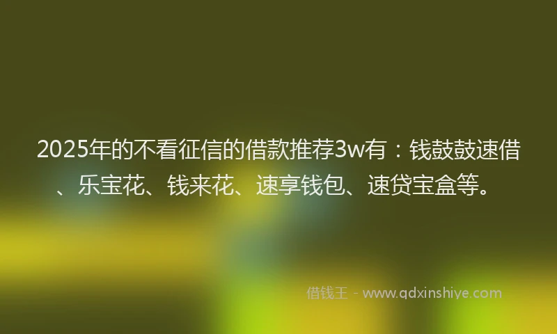 2025年的不看征信的借款推荐3w有：钱鼓鼓速借、乐宝花、钱来花、速享钱包、速贷宝盒等。