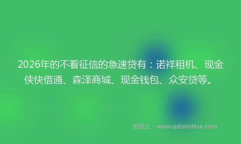 2026年的不看征信的急速贷有：诺祥租机、现金侠快借通、森泽商城、现金钱包、众安贷等。