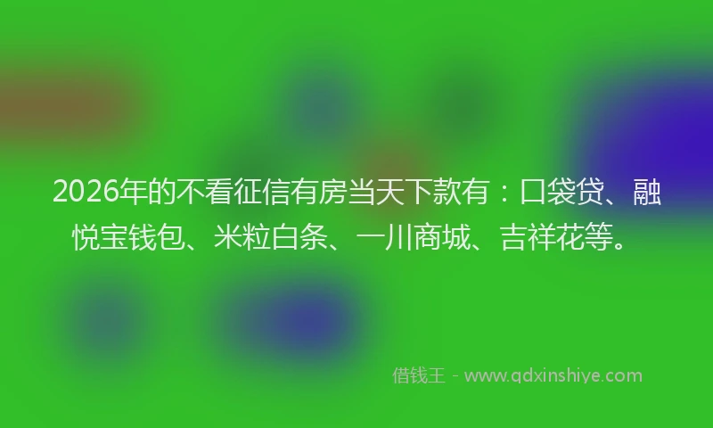 2026年的不看征信有房当天下款有：口袋贷、融悦宝钱包、米粒白条、一川商城、吉祥花等。