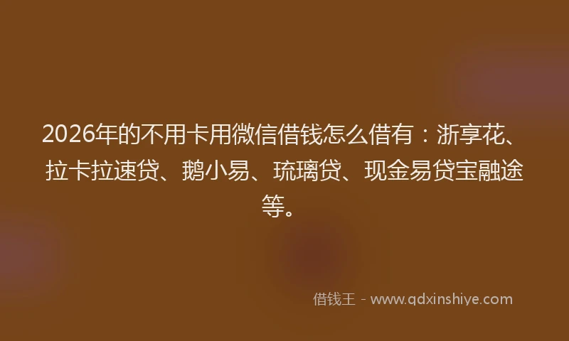 2026年的不用卡用微信借钱怎么借有：浙享花、拉卡拉速贷、鹅小易、琉璃贷、现金易贷宝融途等。