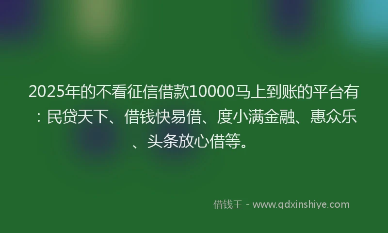 2025年的不看征信借款10000马上到账的平台有:民贷天下、借钱快易借、度小满金融、惠众乐、头条放心借等。