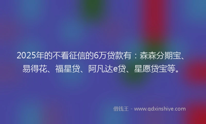 2025年的不看征信的6万贷款有：森森分期宝、易得花、福星贷、阿凡达e贷、星愿贷宝等。