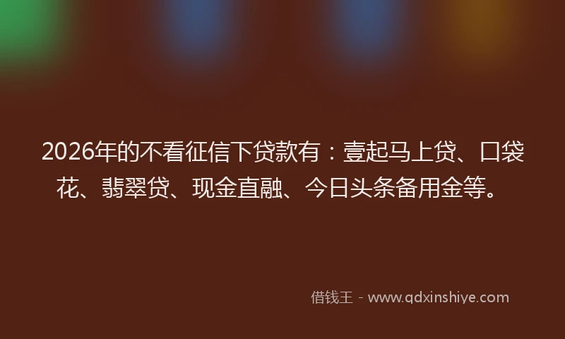 2026年的不看征信下贷款有：壹起马上贷、口袋花、翡翠贷、现金直融、今日头条备用金等。