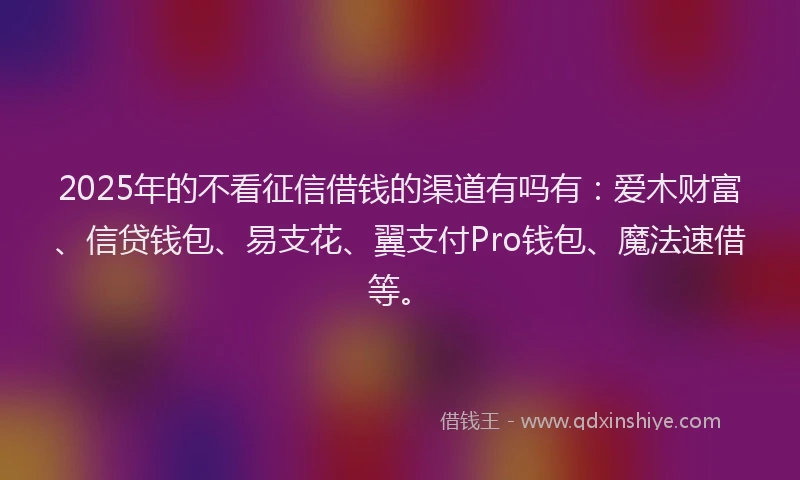 2025年的不看征信借钱的渠道有吗有：爱木财富、信贷钱包、易支花、翼支付Pro钱包、魔法速借等。