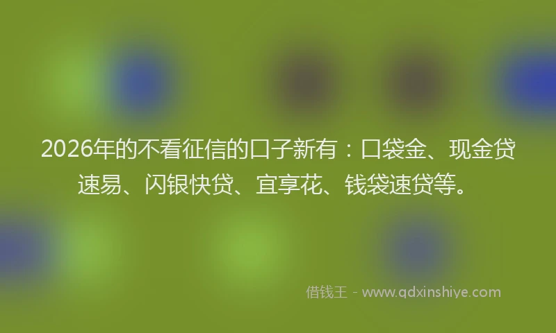 2026年的不看征信的口子新有：口袋金、现金贷速易、闪银快贷、宜享花、钱袋速贷等。