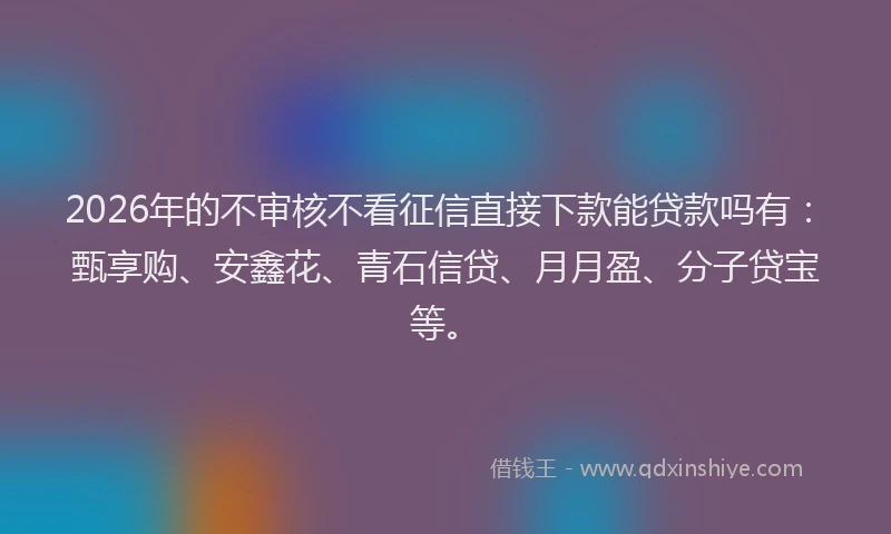 2026年的不审核不看征信直接下款能贷款吗有：甄享购、安鑫花、青石信贷、月月盈、分子贷宝等。
