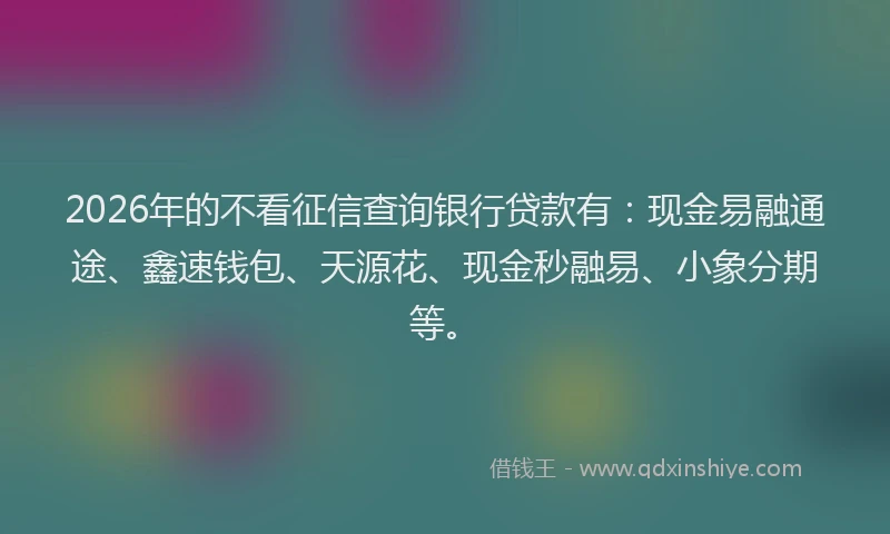 2026年的不看征信查询银行贷款有：现金易融通途、鑫速钱包、天源花、现金秒融易、小象分期等。