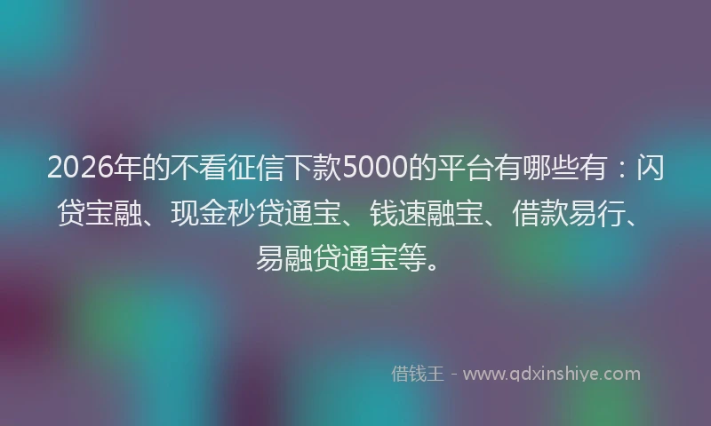 2026年的不看征信下款5000的平台有哪些有：闪贷宝融、现金秒贷通宝、钱速融宝、借款易行、易融贷通宝等。