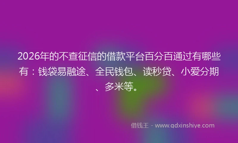 2026年的不查征信的借款平台百分百通过有哪些有:钱袋易融途、全民钱包、读秒贷、小爱分期、多米等。