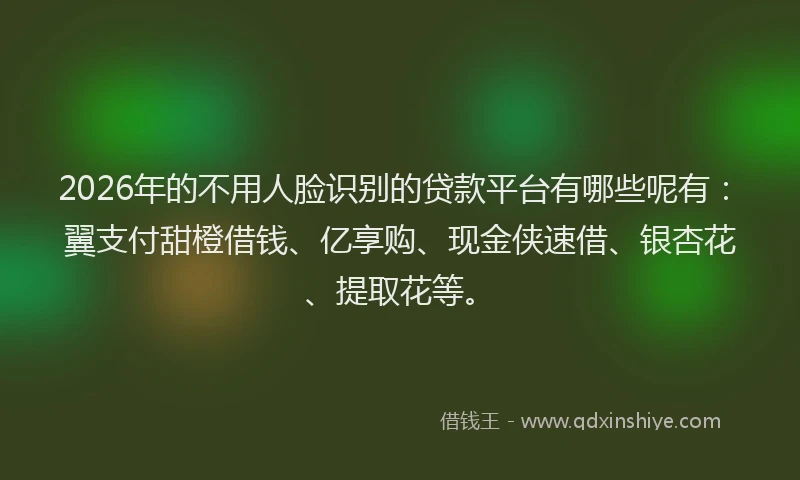 2026年的不用人脸识别的贷款平台有哪些呢有：翼支付甜橙借钱、亿享购、现金侠速借、银杏花、提取花等。