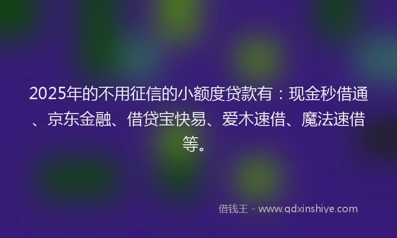 2025年的不用征信的小额度贷款有:现金秒借通、京东金融、借贷宝快易、爱木速借、魔法速借等。