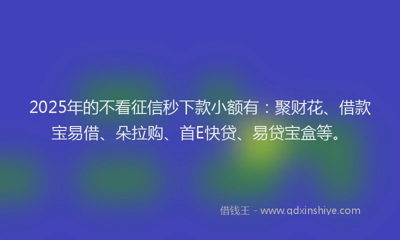2025年的不看征信秒下款小额有：聚财花、借款宝易借、朵拉购、首E快贷、易贷宝盒等。