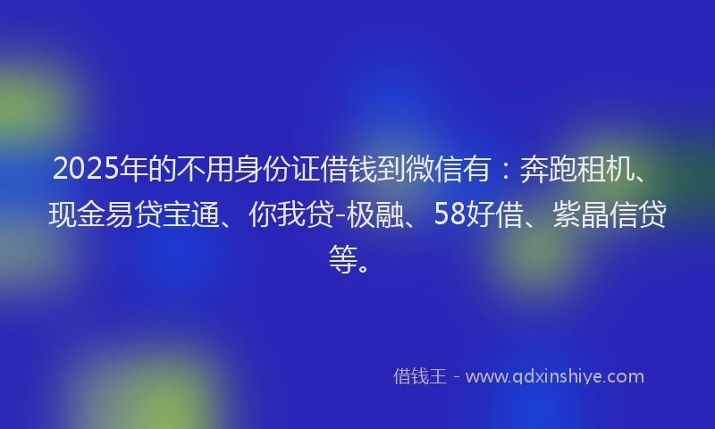 2025年的不用身份证借钱到微信有：奔跑租机、现金易贷宝通、你我贷-极融、58好借、紫晶信贷等。