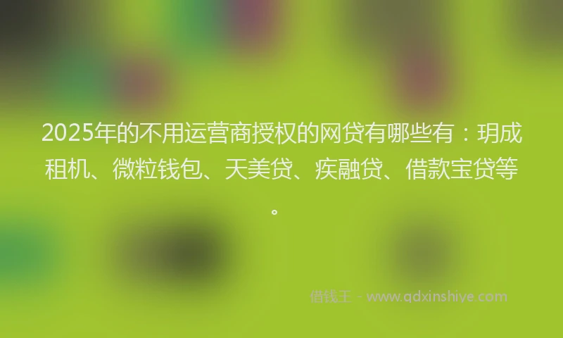 2025年的不用运营商授权的网贷有哪些有：玥成租机、微粒钱包、天美贷、疾融贷、借款宝贷等。