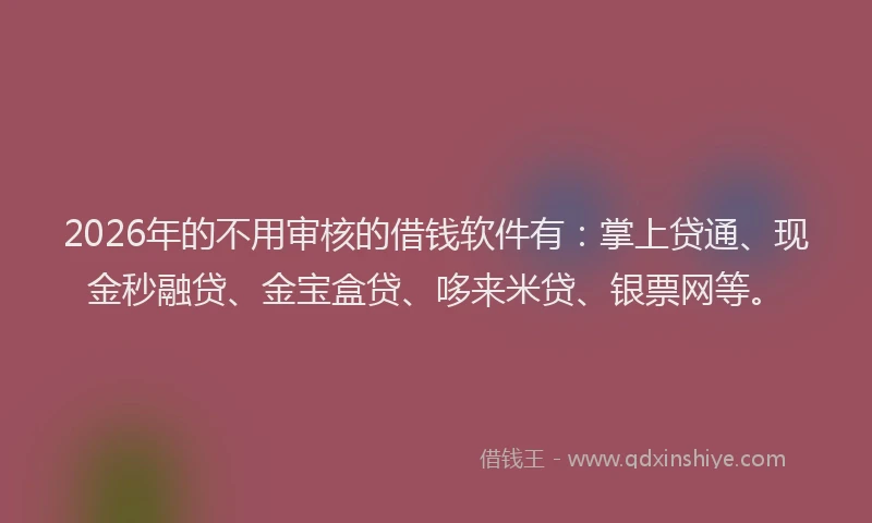 2026年的不用审核的借钱软件有：掌上贷通、现金秒融贷、金宝盒贷、哆来米贷、银票网等。