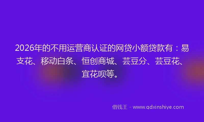 2026年的不用运营商认证的网贷小额贷款有:易支花、移动白条、恒创商城、芸豆分、芸豆花、宜花呗等。