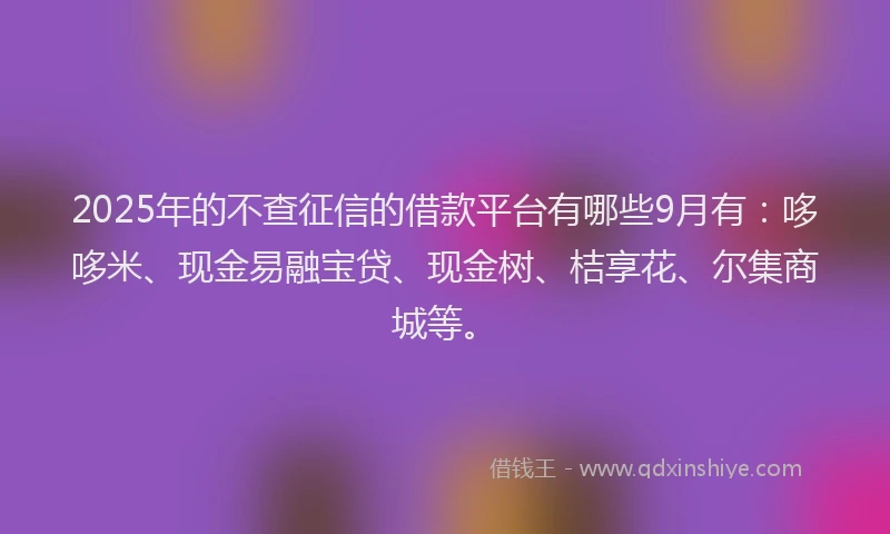 2025年的不查征信的借款平台有哪些9月有：哆哆米、现金易融宝贷、现金树、桔享花、尔集商城等。