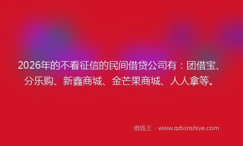 2026年的不看征信的民间借贷公司有：团借宝、分乐购、新鑫商城、金芒果商城、人人拿等。