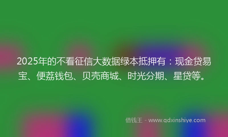 2025年的不看征信大数据绿本抵押有：现金贷易宝、便荔钱包、贝壳商城、时光分期、星贷等。