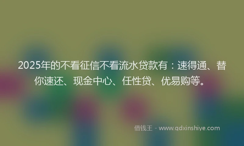 2025年的不看征信不看流水贷款有：速得通、替你速还、现金中心、任性贷、优易购等。