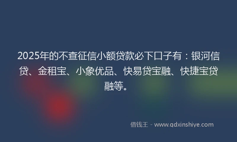 2025年的不查征信小额贷款必下口子有:银河信贷、金租宝、小象优品、快易贷宝融、快捷宝贷融等。