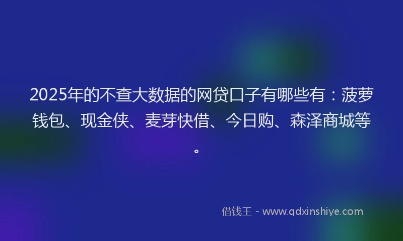 2025年的不查大数据的网贷口子有哪些有：菠萝钱包、现金侠、麦芽快借、今日购、森泽商城等。