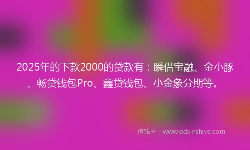 2025年的下款2000的贷款有：瞬借宝融、金小豚、畅贷钱包Pro、鑫贷钱包、小金象分期等。