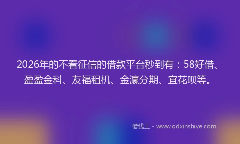 2026年的不看征信的借款平台秒到有：58好借、盈盈金科、友福租机、金瀛分期、宜花呗等。