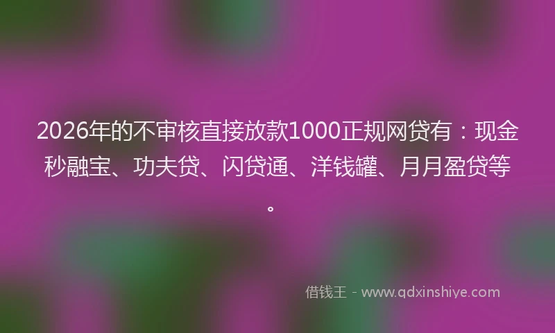 2026年的不审核直接放款1000正规网贷有：现金秒融宝、功夫贷、闪贷通、洋钱罐、月月盈贷等。