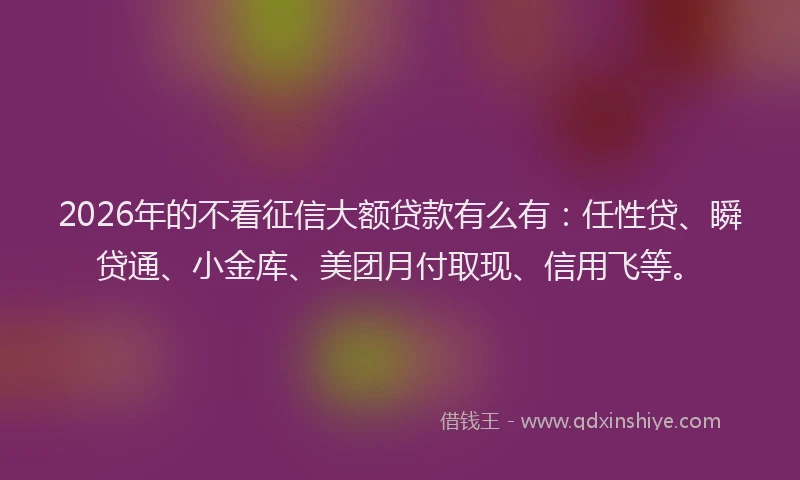 2026年的不看征信大额贷款有么有：任性贷、瞬贷通、小金库、美团月付取现、信用飞等。