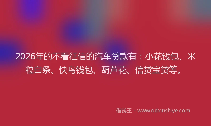 2026年的不看征信的汽车贷款有：小花钱包、米粒白条、快鸟钱包、葫芦花、信贷宝贷等。