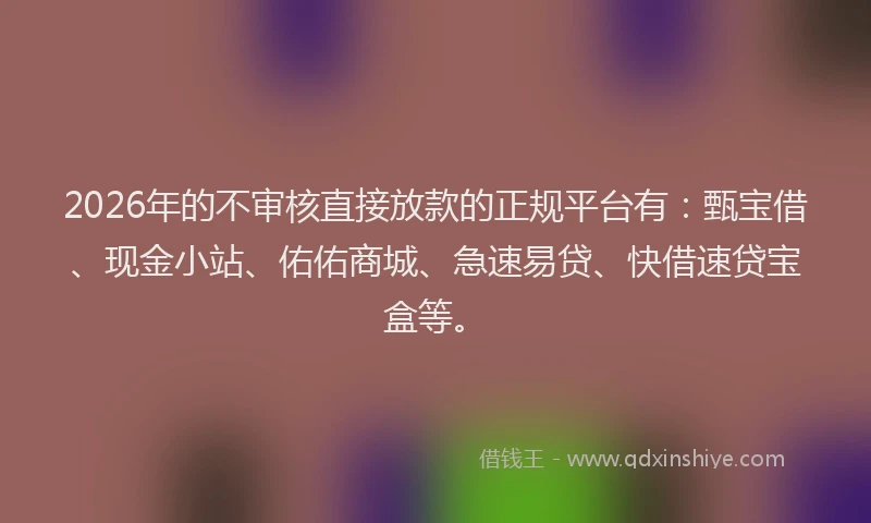 2026年的不审核直接放款的正规平台有：甄宝借、现金小站、佑佑商城、急速易贷、快借速贷宝盒等。