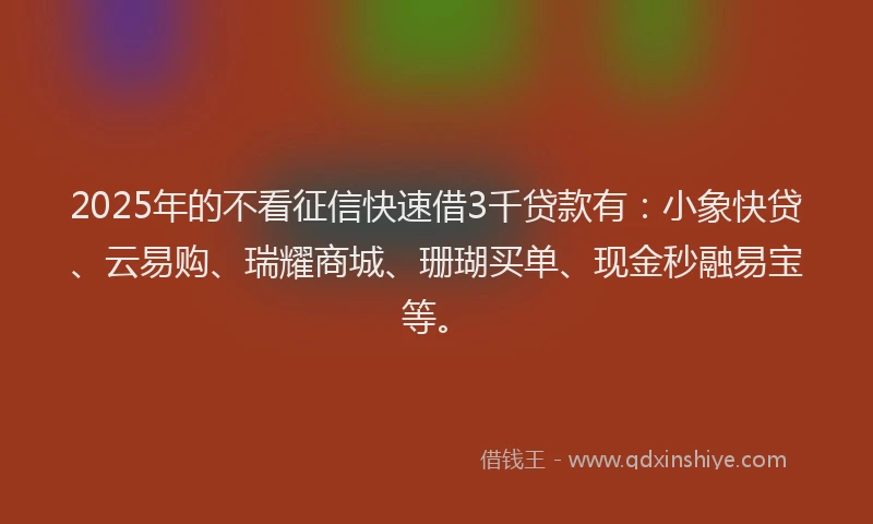 2025年的不看征信快速借3千贷款有：小象快贷、云易购、瑞耀商城、珊瑚买单、现金秒融易宝等。